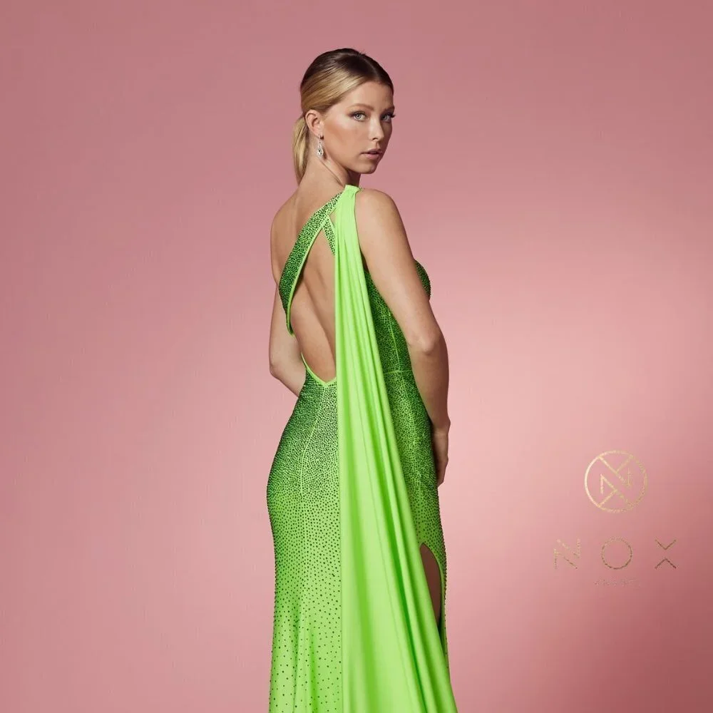 NEW LONG ONE SHOULDER SLEEVELESS EMBROIDERED RHINESTONE DRESS WITH CAPE NX E1039 - Picture 6 of 9